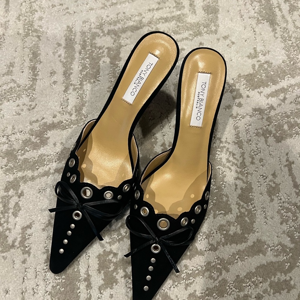 Tony Bianco Black Mules with Bow and Stud Accents
